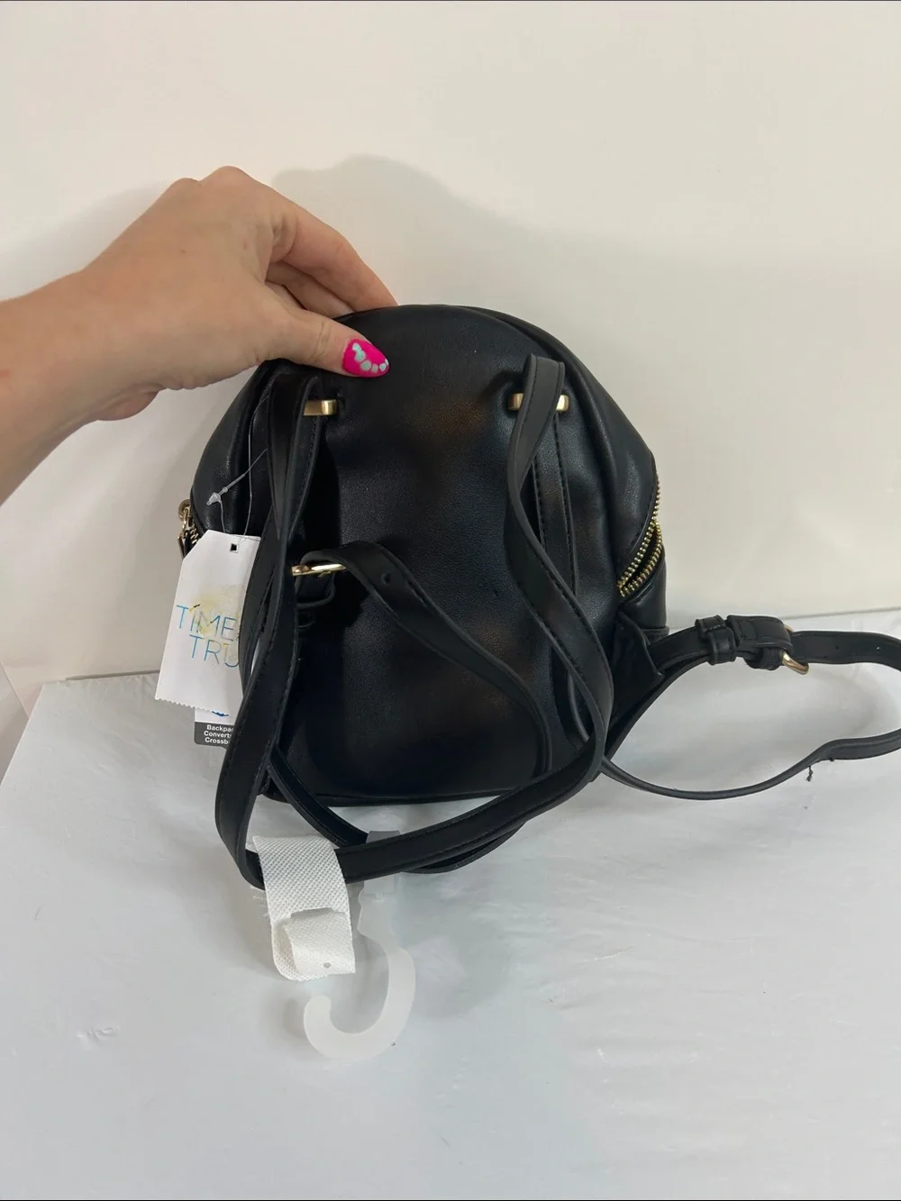 Time and Tru Black Quilted Faux Leather Mini Backpack with Gold Hardware